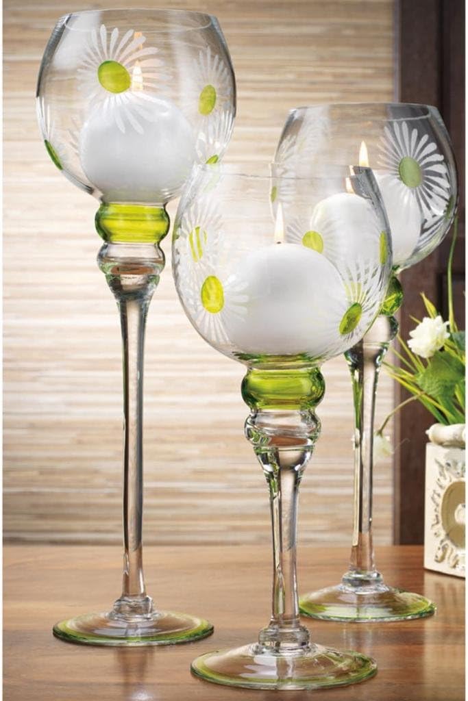 Set of 3 Daisy Flower Glass Hurricane Candle Holders, Decorative Sphere Ball Candle Holders, Home Decor & Party Centerpiece