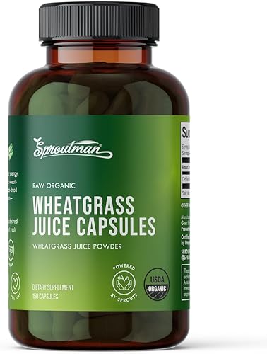 Sproutman - Cápsulas de jugo de hierba de trigo orgánico en polvo, 100 % puro, ayuda a la digestión, alto en vitaminas, antioxidantes, clorofila,
