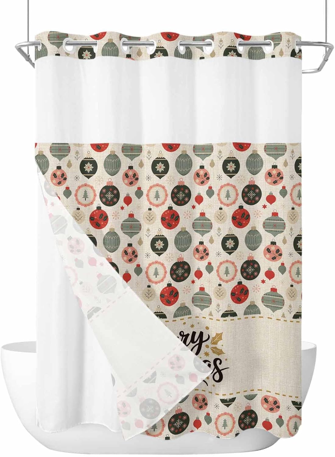 No Hook Shower Curtain, Merry Christmas Stall Bathroom Curtains with Snap in Liner, Retro Winter Watercolor Coloful Ball Waterproof Washable Fabric Shower Curtain Set, 48" x 72"