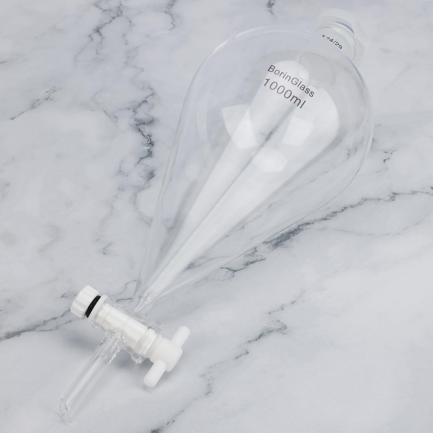 BorinGlass Kegelförmiger Abtrenntrichter 1000 ml mit 24/29 Gelenken und PTFE-Hähne, Trenntrichter aus Borosilikatglas mit Dickwandigem Design