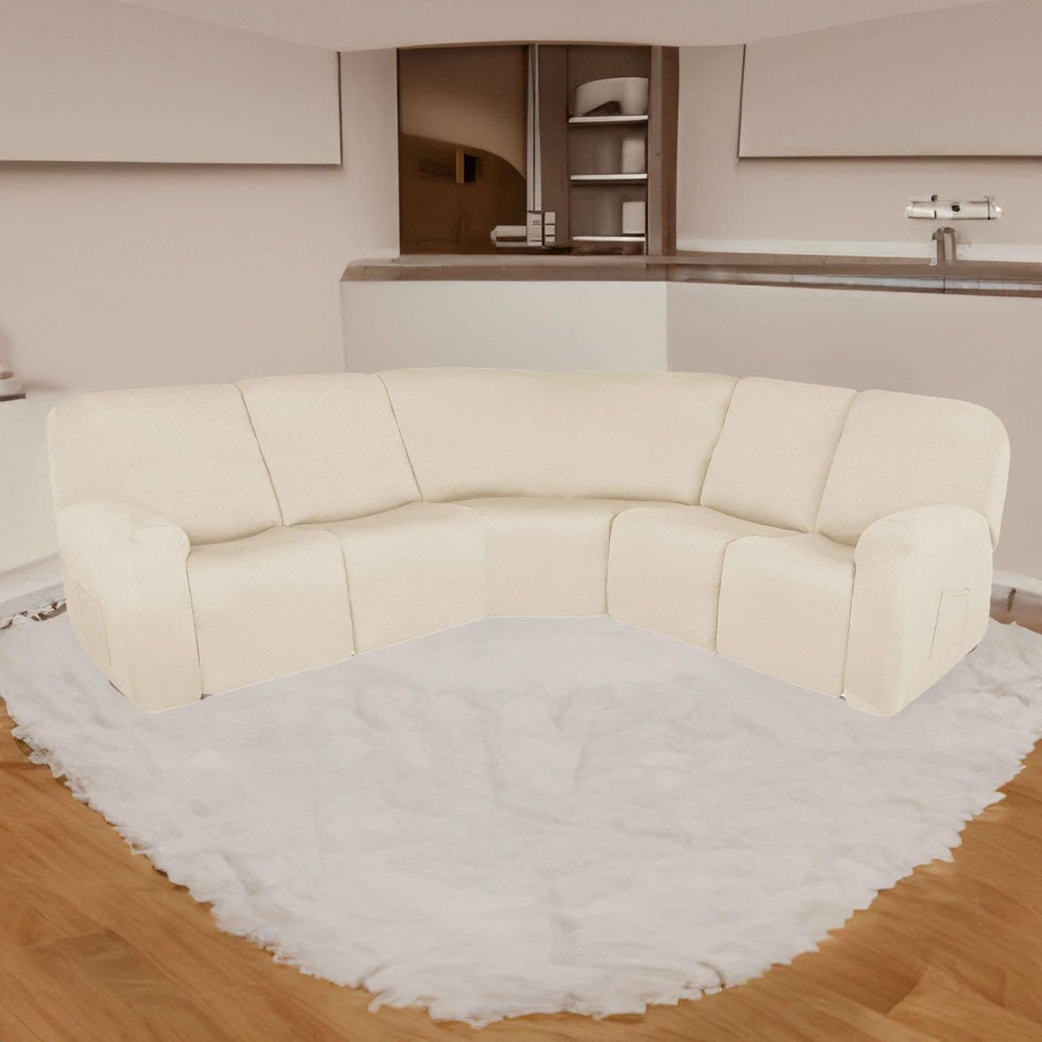 7 Piece Sectional Couch Covers Waterproof, 5 Seater Recliner Cover L Shape Recliner Chair Cover with Elastic Bottom Furniture Protector for Corner Sofa-Beige-5 Seater
