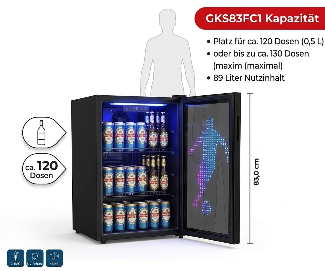 PKM GKS83FC1 Flaschenkühlschrank 89 Liter Display Touch Control Umluft-Kühlung blaue LED-Beleuchtung Schwarz