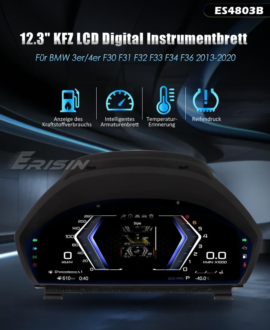 12,3" HD Digitales Kombiinstrument für BMW 3er F30 F31 F34 & 4er F32 F33 F36 (2013–2020) EVO/NBT, LCD Armaturenbrett Dashboard Display, Digitaler Tacho Cluster Ersatz, Lenkradsteuerung, 7 UI-Themen