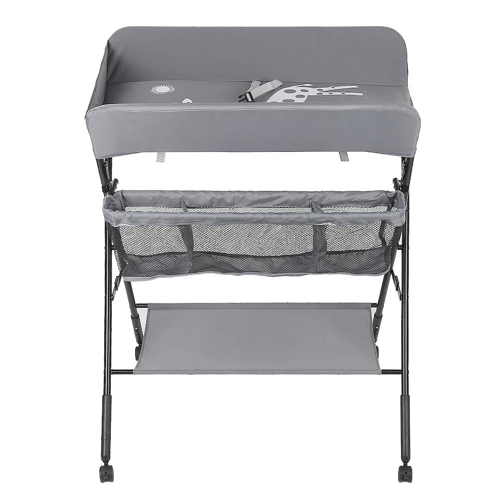 OHMG Fasciatoio Pieghevole Fasciatoio Portatile con Cintura di Sicurezza e Scomparti Portaoggetti,Tavolo Cambio Pannolini Multifunzionale Portatile per Bagnetto Neonati,4 ruotes