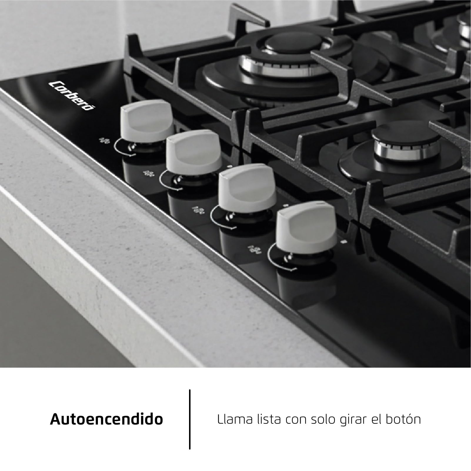 Corberó - Placa Gas Cristal LUX | CPCGM4F4126N | 4 Zonas | Potencia 8.05kW | Autoencendido | Zona WOK | Capa protección Clean + | Desconexión Automática | Cristal Negro