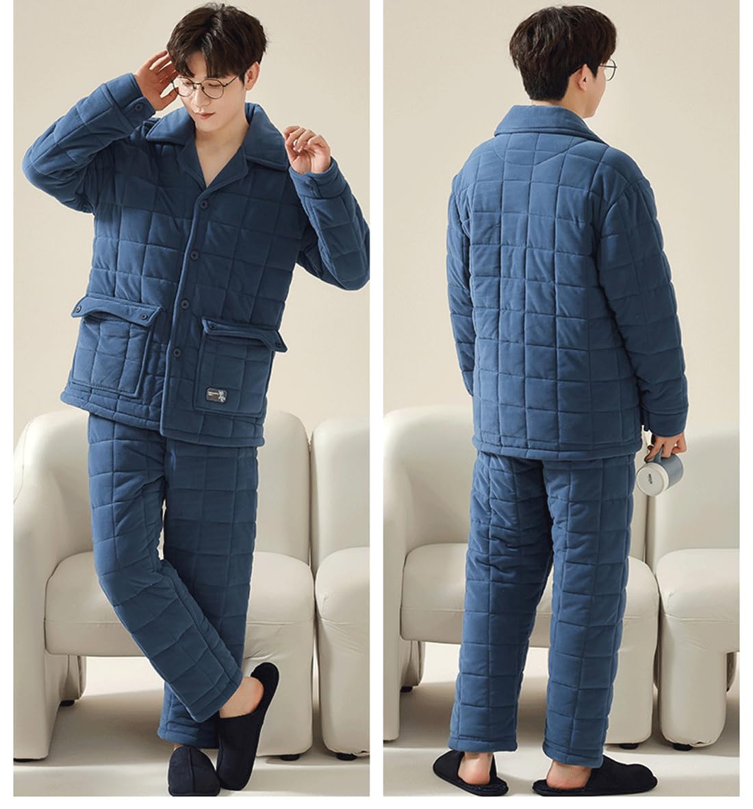 LVTFCO Pijama de la Solapa de los Hombres de otoño e Invierno Engrosada Bebe Terciopelo de Manga Larga Homewear Pantalones Calientes de Gran Bolsillo