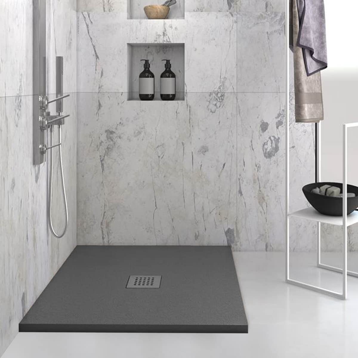 Yellowshop - Piatto doccia quadrato marmoresina 80x80 o 90x90 cm h 2,5 cm HEAVY Antracite con sifone, piletta e copripiletta inox (80x80 cm)