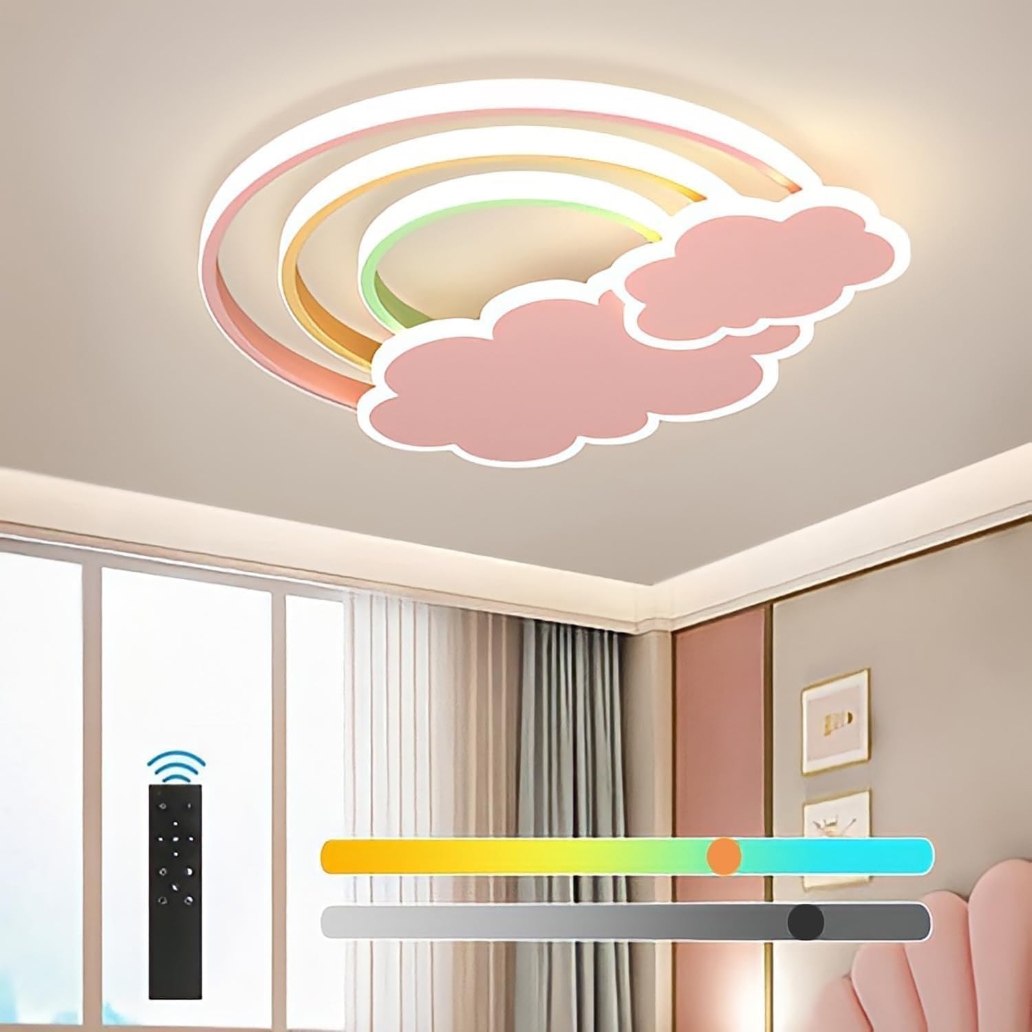 LED Pink Ceiling Light Modern Cartoon Children's Room Dimmable Ceiling Light with Remote Control Nordic Children's Blue Cloud Rainbow Night Light for Boys Girls Room