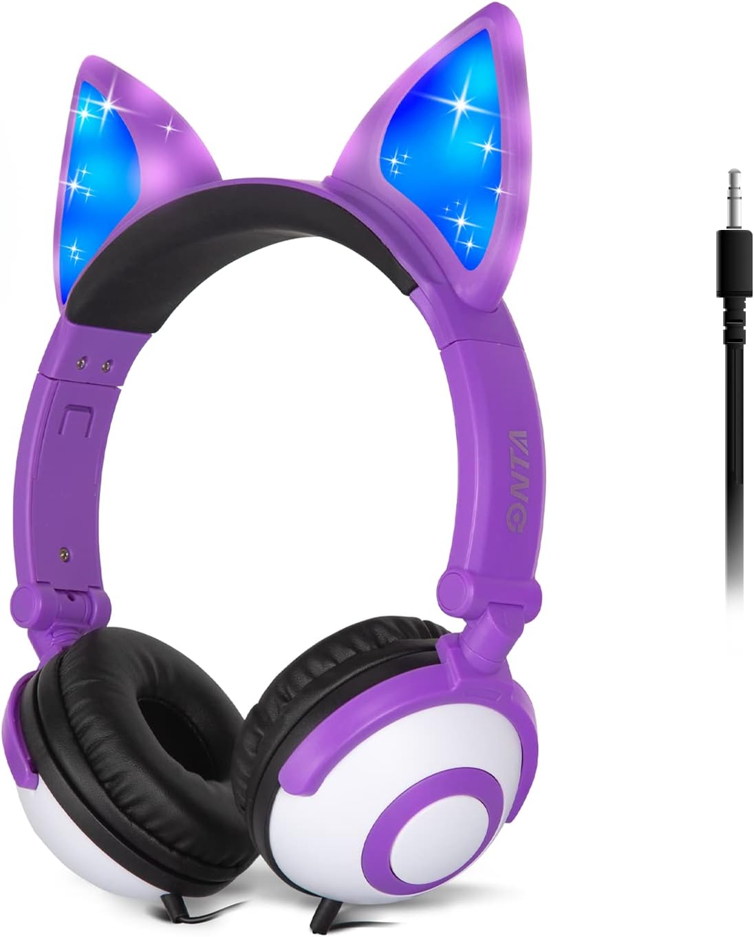ONTA Kids Headphones with Cute LED Glowing Cat Ears,Foldable, Noise-Canceling and Adjustable Toddlers Headphones for Boys and Girls (Purple)