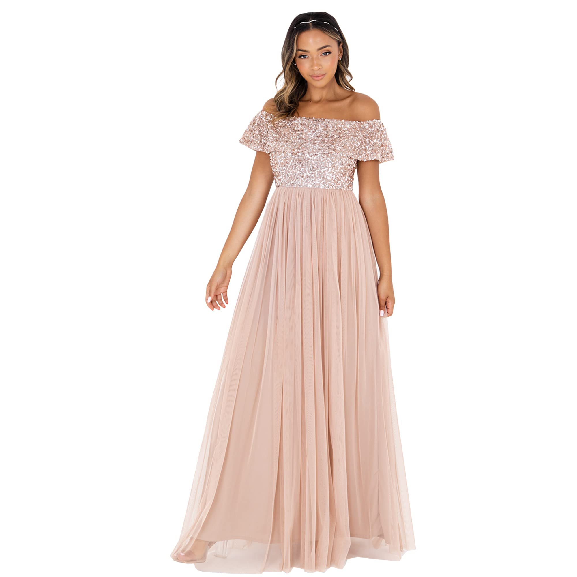 Maya Deluxe Women's Taupe Blush Maya Bardot Embellished Maxi Dress Bridesmaid, 14
