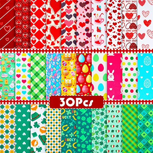 30 Pieces Valentine's Day Fabric St. Patrick's Day Fabric and Easter Fabric Bundles Set Heart Printed Fabric Patchwork Fabric Sets for Holiday Anniversary Wedding Party, 9.8 x 9.8 Inch