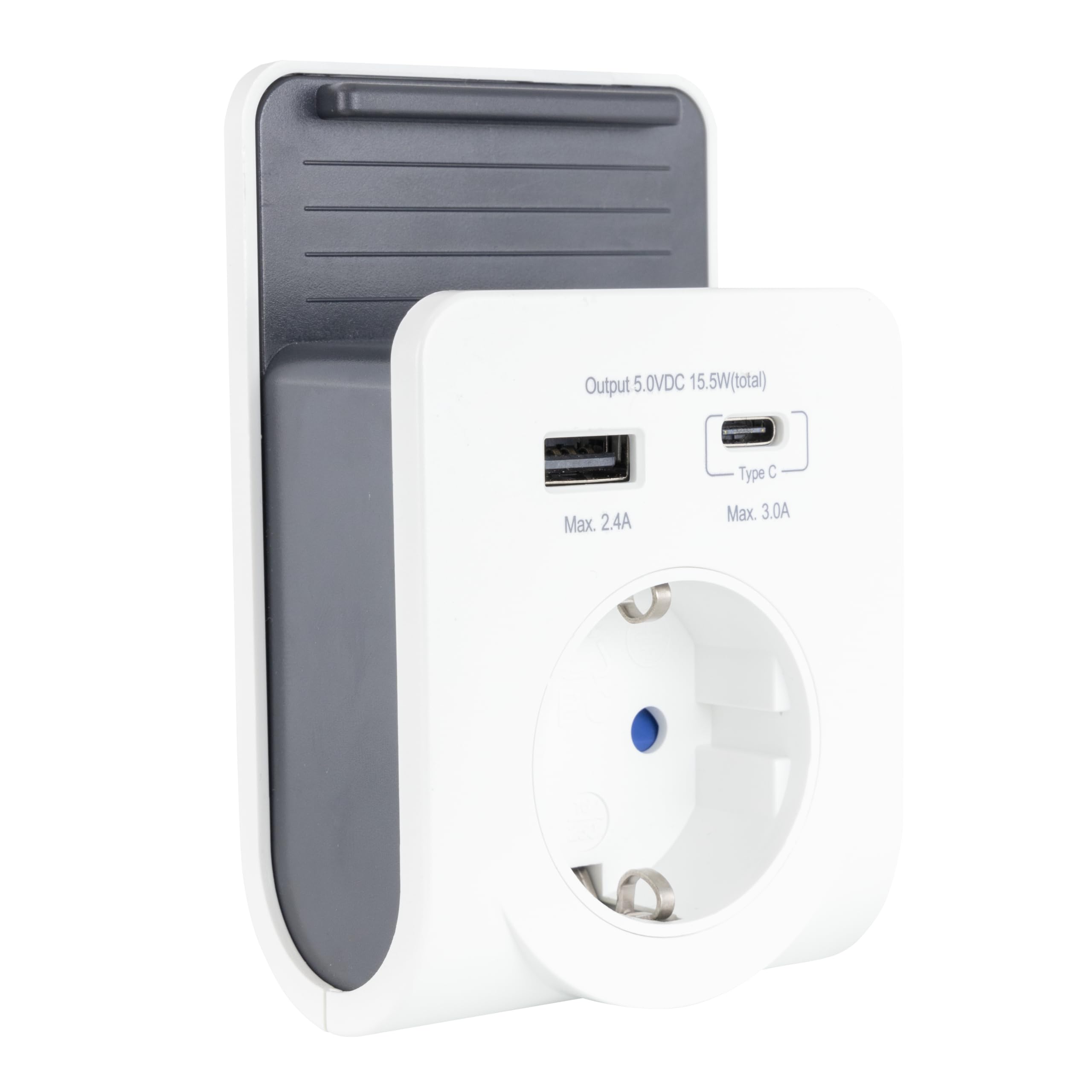 REV Ładowarka USB – adapter gniazda wtykowego z praktyczną półką na smartfon, w zestawie USB (typ A i C), gniazdko 230 V, kolor biały