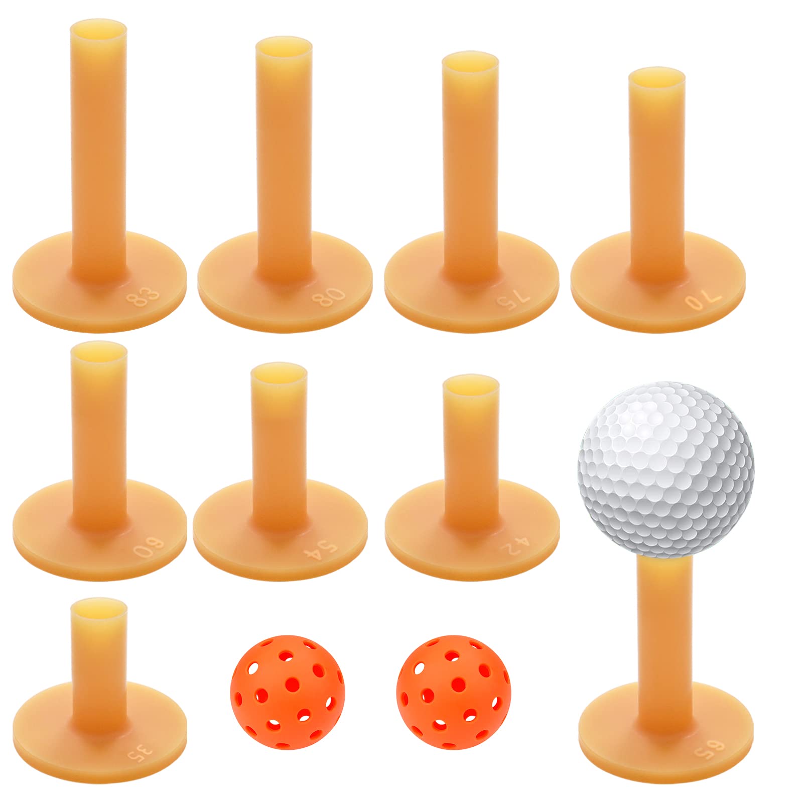 9 piezas de goma de golf Tees de Golf Tees 9 diferentes tamaños 35 mm/42 mm/54 mm/60 mm/65 mm/70 mm/75 mm/80 mm/83 mm, con 2 bolas perforadas de colores aleatorios (amarillo té)