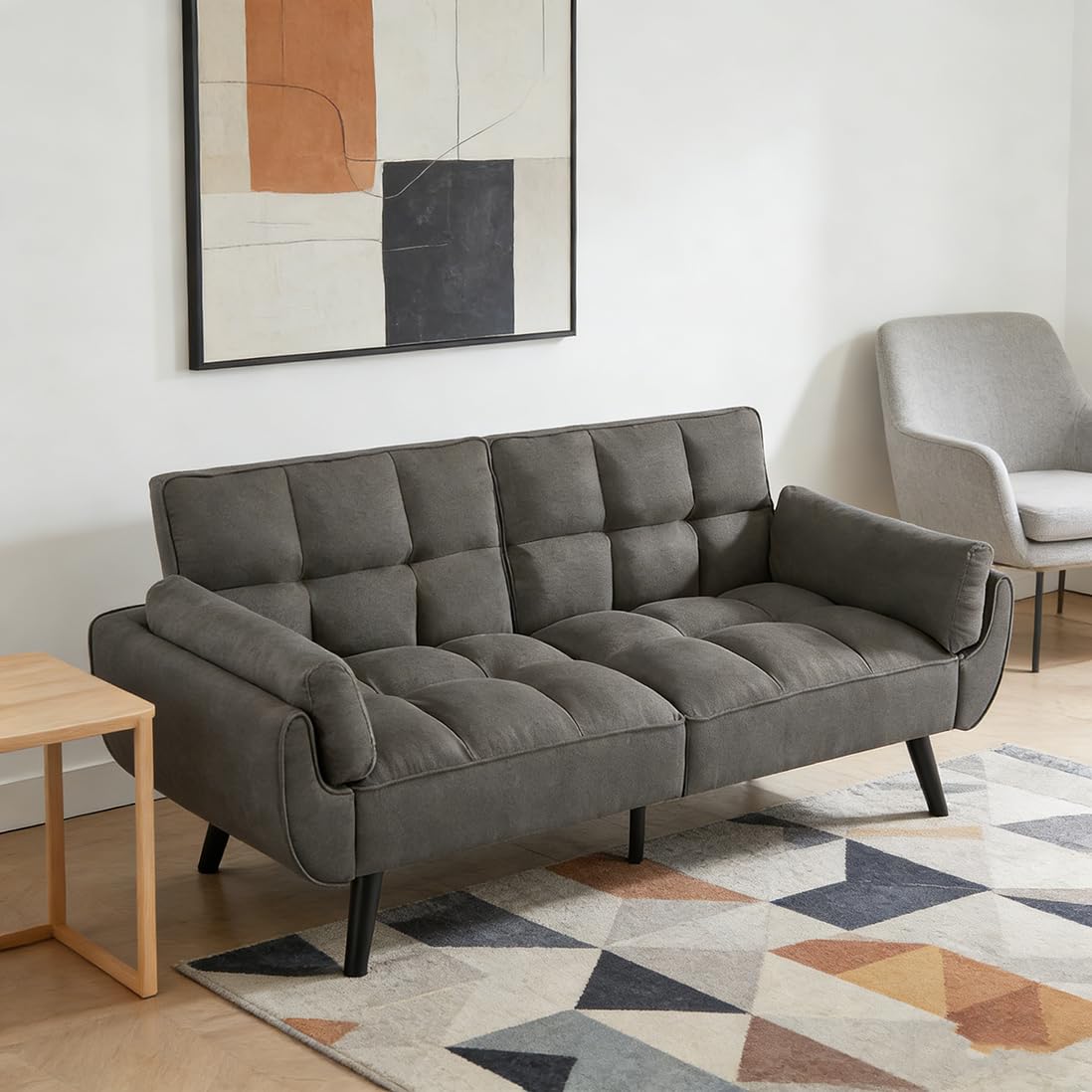 JIEXI sofá 3 plazas, Respaldo no Plegable, sofá de Lino, 191 x 83 cm, sofá Moderno con Patas de Madera Maciza, cómodo, Adecuado para salón y Dormitorio (Gris Oscuro)