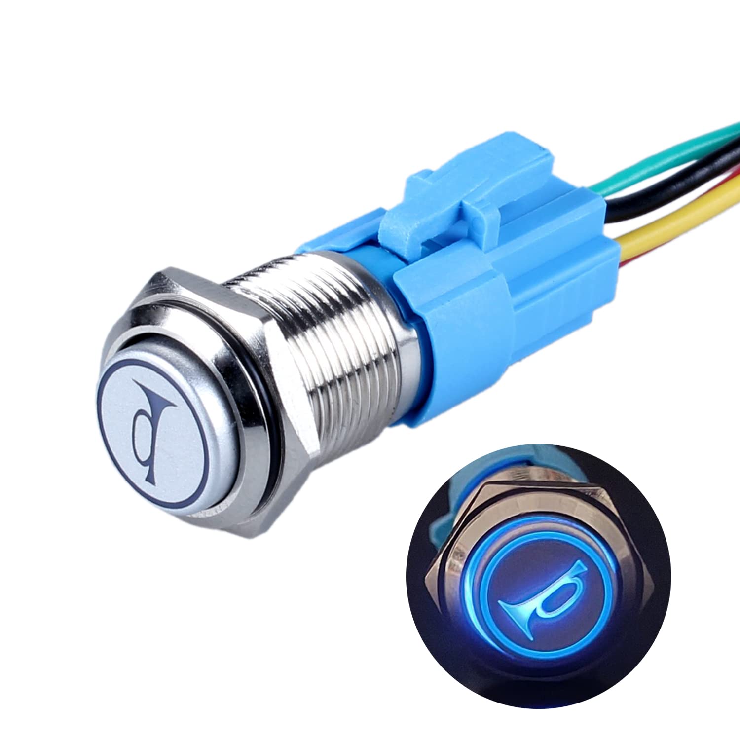 DMWD 16mm Speaker Horn Momentary Push Button Switch 5/8" Mounting Hole 12V-24V Blue LED Lighted 1NO 1NC SPDT with Pre-Wired Socket for Car Truck Boat