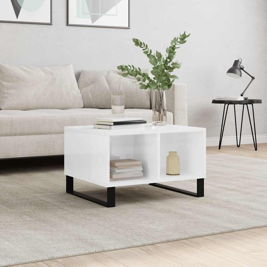 Table basse blanche brillante en bois et métal avec rangement pour meuble de salon contemporain