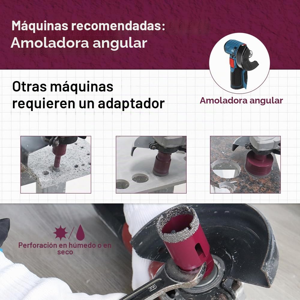 Brocas para Porcelánico 9 Piezas - 20/25/35/55/68mm x M14 Corona de Diamante, 20mm Fresa, 50mm Broca de Chaflán, Aadaptador, 125mm Disco Diamante para Azulejos Cerámica Mármol Granito