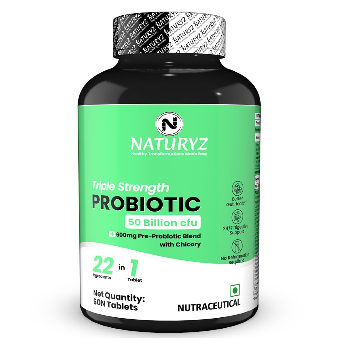 NATURYZ Triple Strength Probiotic 50 Billion CFU with Highest Pre-Probiotic 600 Mg | Chicory Root | 22 Nutrients for Gut Health | 24/7 Digestion | Supports in Occasional Constipation, Diarrhea, Gas & Bloating for Women & Men | No Refrigeration requir (B0D6Z38JTC) Amazon Price History, Amazon Price Tracker