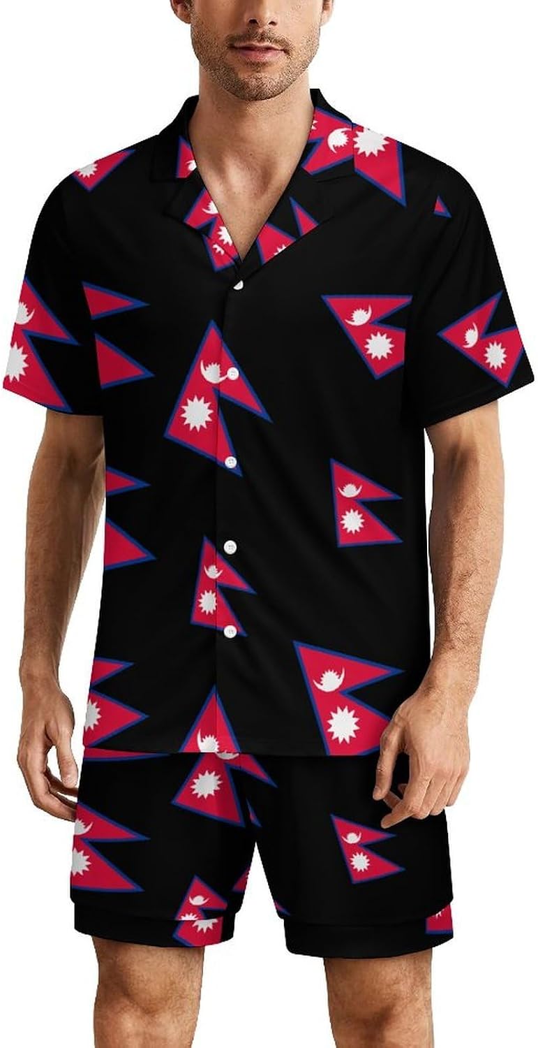 Flag of Nepal Nepali Nepalese Men's Short Sleeve Pajama Set Satin Silk Like Lounge Sleepwear