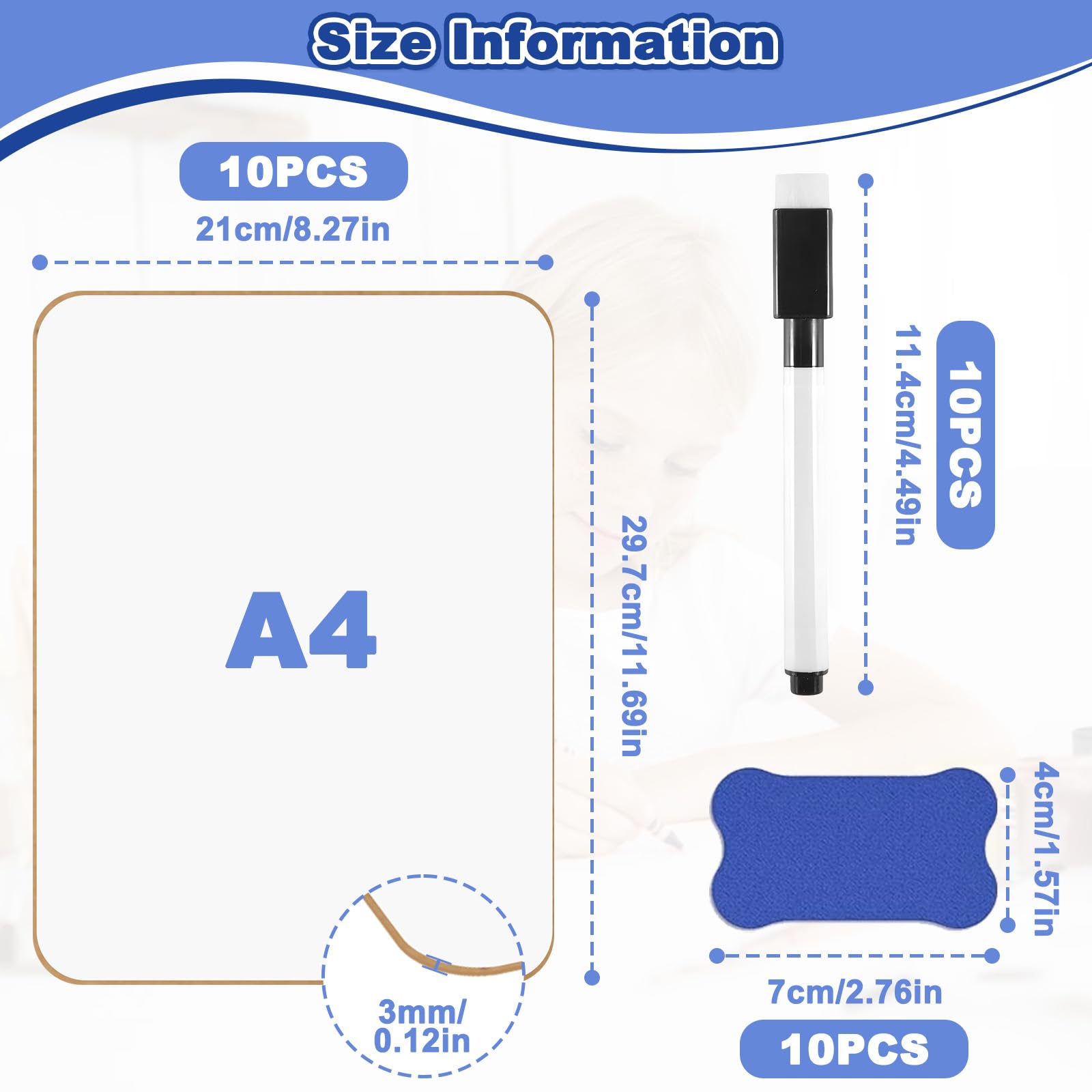Paquete de 10 pizarras blancas portátiles A4 de doble cara para oficina, estudio y uso profesional - Incluye 10 rotuladores y 10 borradores (29.7x21x0.3cm)