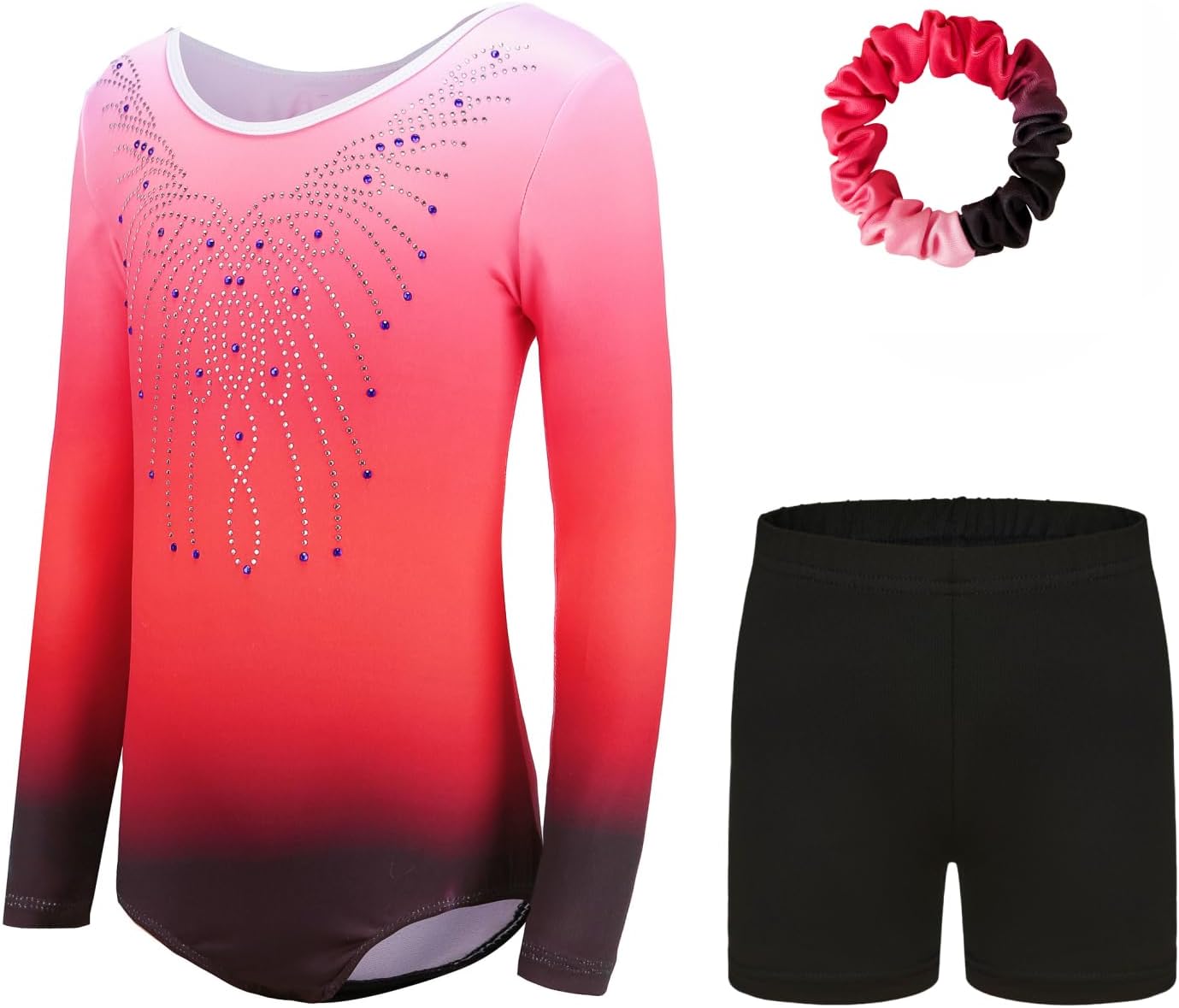 Gymnastics Leotards for Girls Set, Gradient Dance Unitards Biketards Outfit with Shorts Hairband