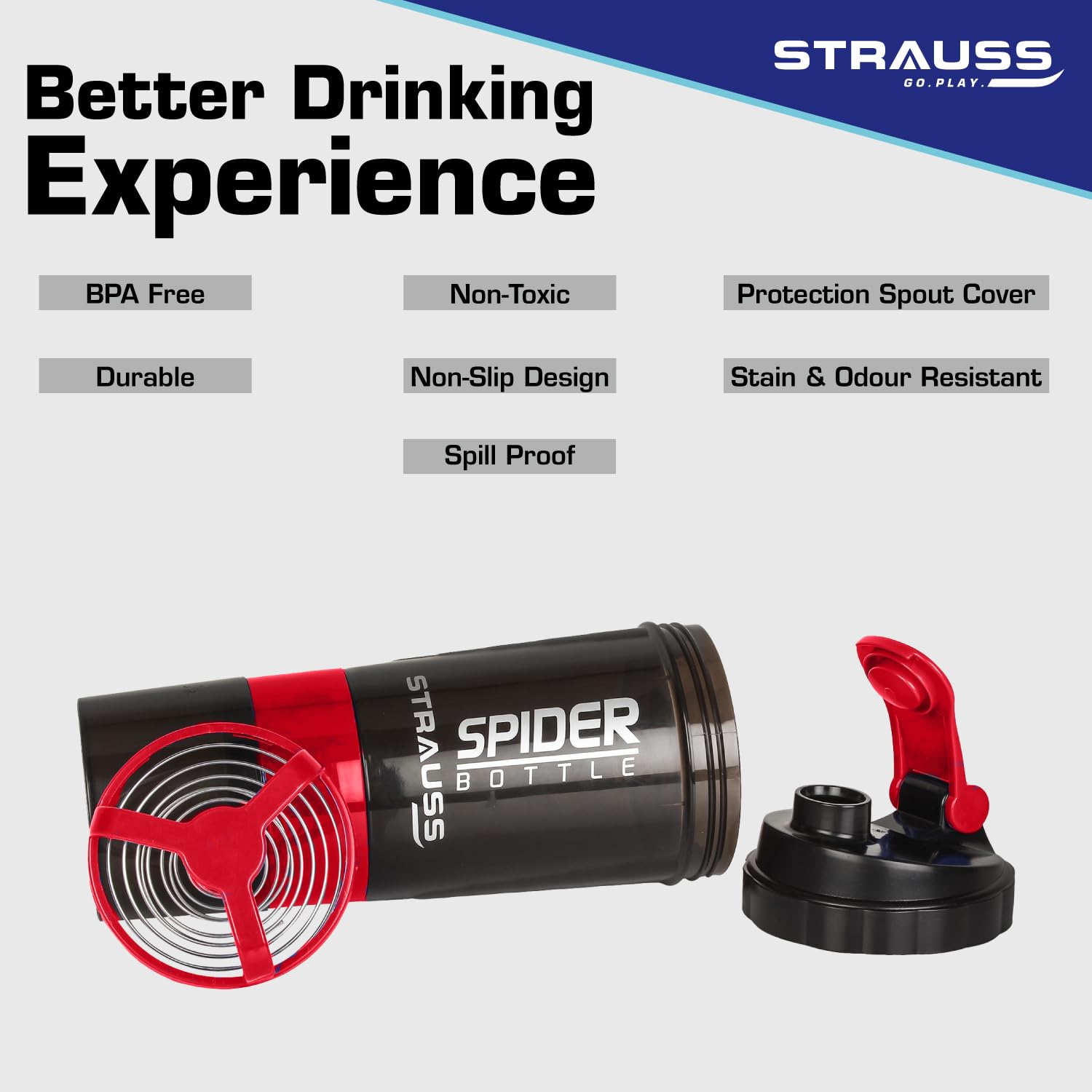 STRAUSS Spider Gym Shaker Bottle | Shakers for Protein Shake with 2 Storage Compartment | Leakproof Gym Protein Shaker for Post and Pre-Workout Drink | 100% BPA Free (500 ML, Pack of 1,Red) 2