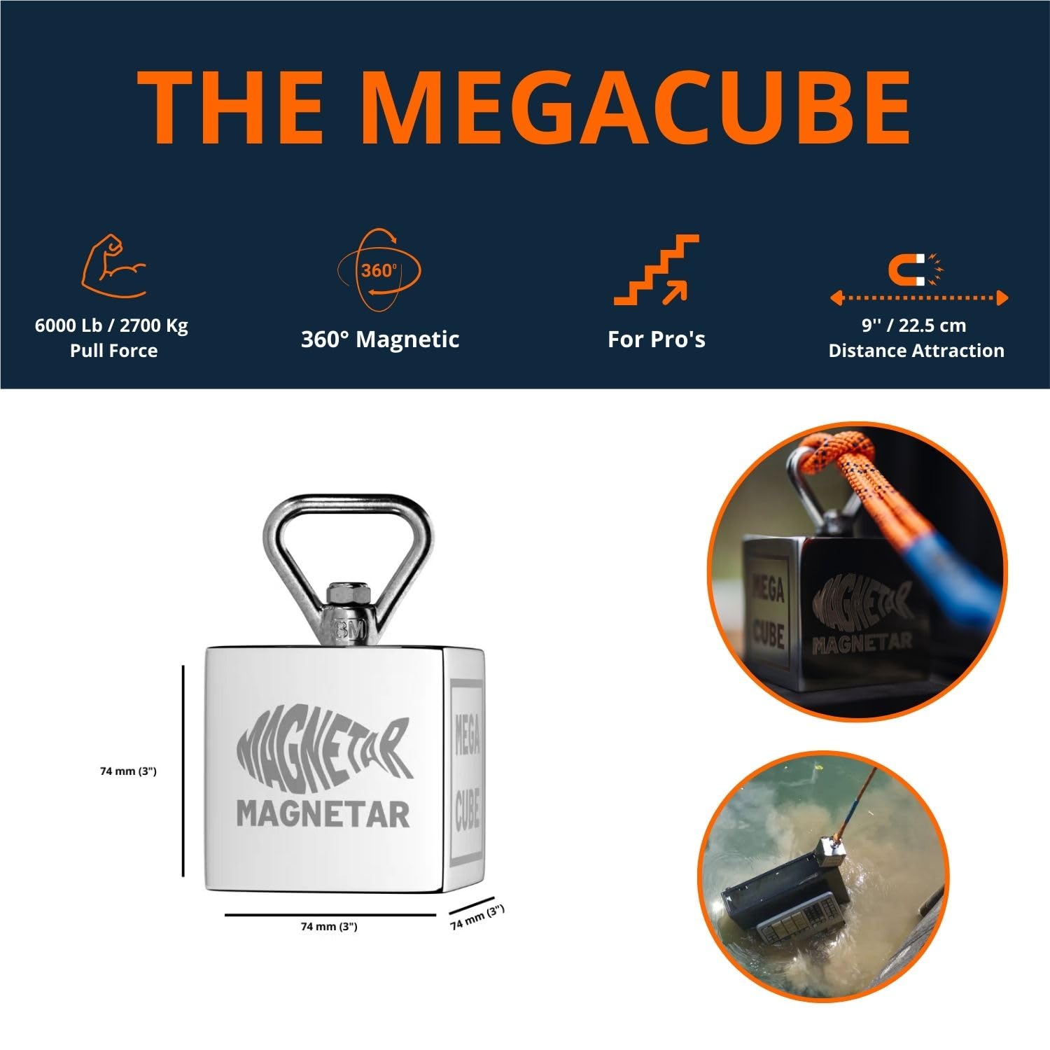 Magnetar - Set di pesca magnetica - Blocco 2700kg MEGACUBE magnete di recupero - Pacchetto di pesca magnetica con corda e guanti - Magnete da pesca 360 per la pesca magnetica