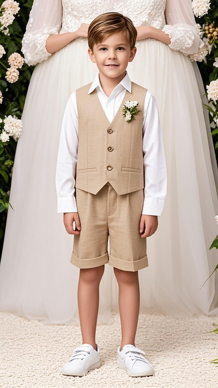 Traje de lino de 2 piezas para niños, chaleco y pantalones cortos, traje de verano para la playa, champán, 12 años