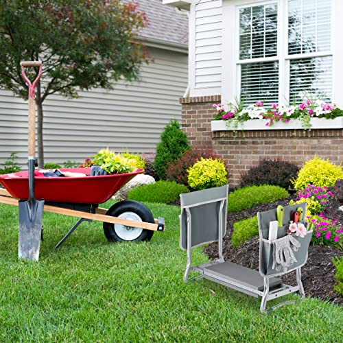 Relaxdays Kniebank für Gartenarbeit, gelenkschonend, klappbar, bis 150 kg, gepolsterte Kniehilfe, 2 Taschen, Silber/grau