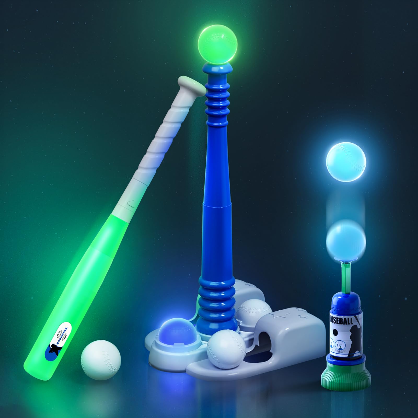 QDRAGON LED Tball Set for Toddlers 3-5, Light up Tee Ball Set, Glow in The Dark T Ball Set for Kids 5-8, Kids Outdoor Playset Baseball Toys Gifts for