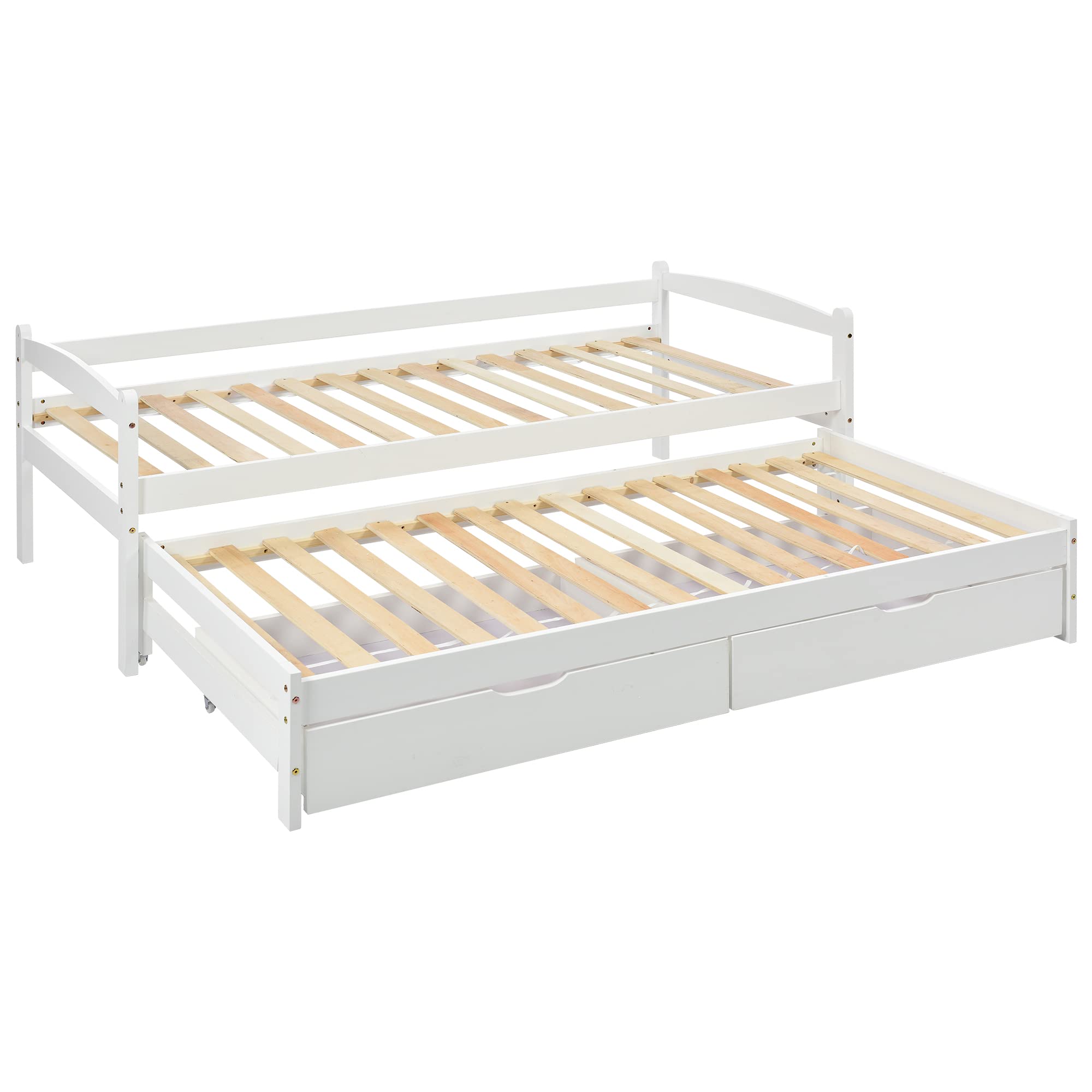 Cadre de lit 90 x 200 cm avec tiroirs, lit gigogne, 2 tiroirs, pour adultes, lit pour enfants, pin, blanc