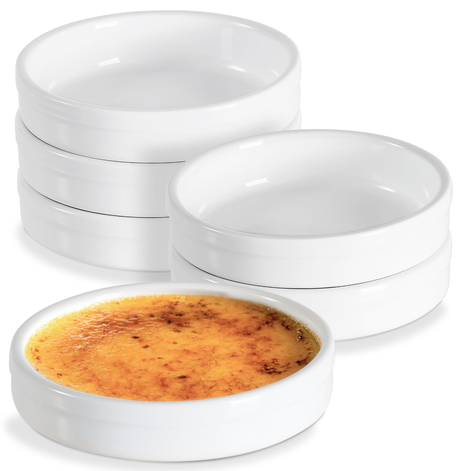 ONEMORE Ramekins - Ramekins - Moldes de cerámica para hornear natillas, mini pasteles, pudines y salsas, 4.5 onzas, aptos para horno, mini sartenes redondas para quiche de 4.5 pulgadas, color blanco,
