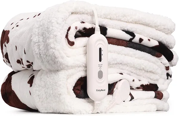 Cow Print Electric Blanket – Heated Throw Blanket with 3 Heat Settings & 4-Hour Auto Shutoff, Fast Heating, Soft Flannel & Sherpa Fleece, Machine Washable, 50 x 60 Inches (Beige Cow Stripes, Throw)