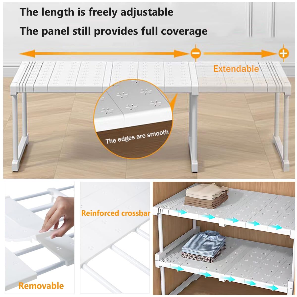 Scaffale portaoggetti espandibile e resistente, regolabile, in 2 pezzi, per armadio, cucina e bagno, dimensioni 42 x 22 x 37-48 cm, soluzione salvaspazio