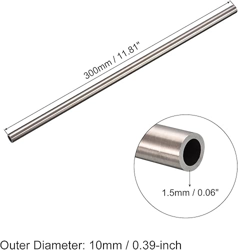 Miniatura 2 de uxcell Tubo de acero inoxidable 304, diámetro exterior de 10 mm x 1,5 mm de espesor de pared, longitud de 300 mm de tubería metálica para maquinaria