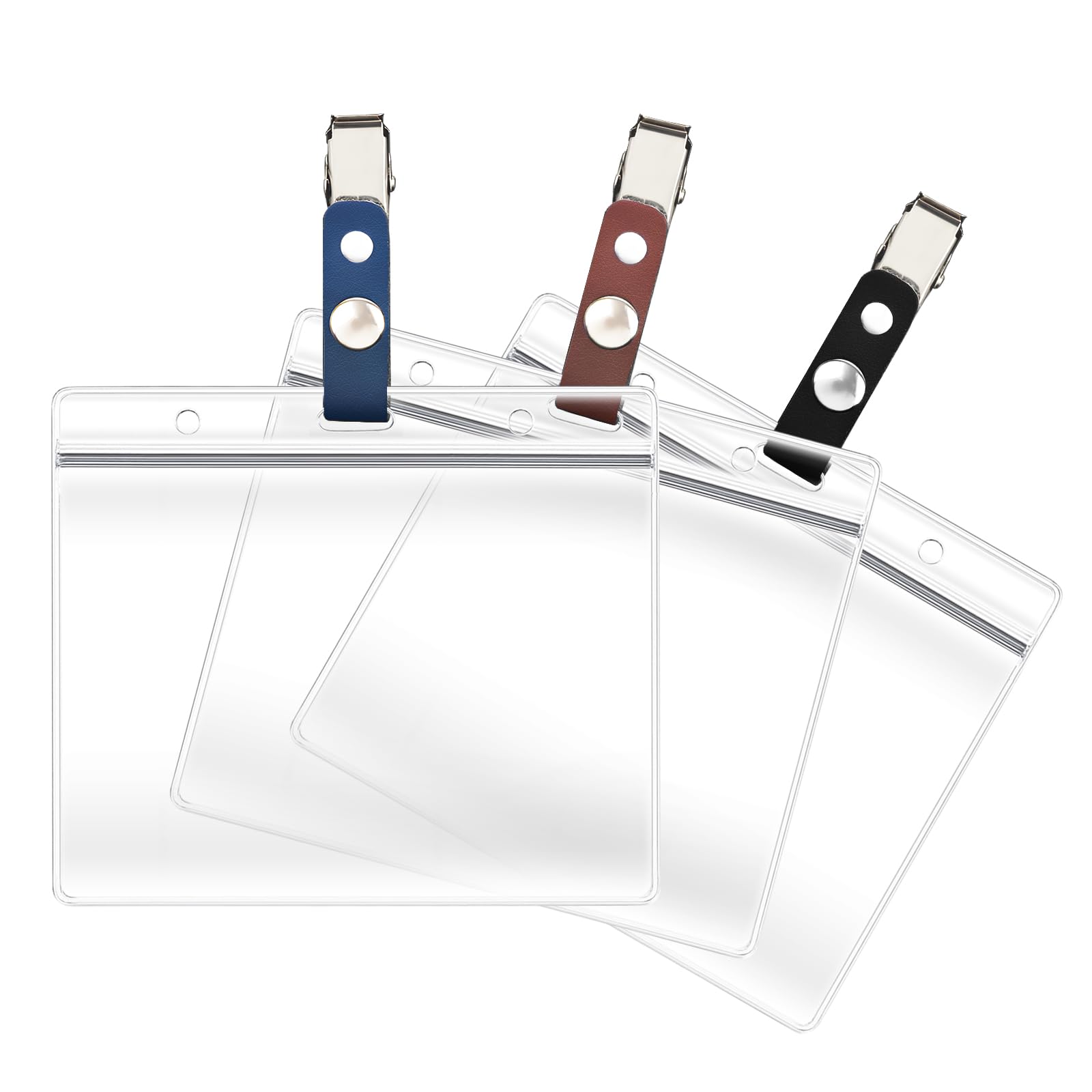 3 Pack ID Card Badge Holders with Detachable Leather Metal Badge Clips, Horizontal Waterproof Clear Extra Thick PVC Plastic Name Tags for Nurses Office School Students Teachers Work