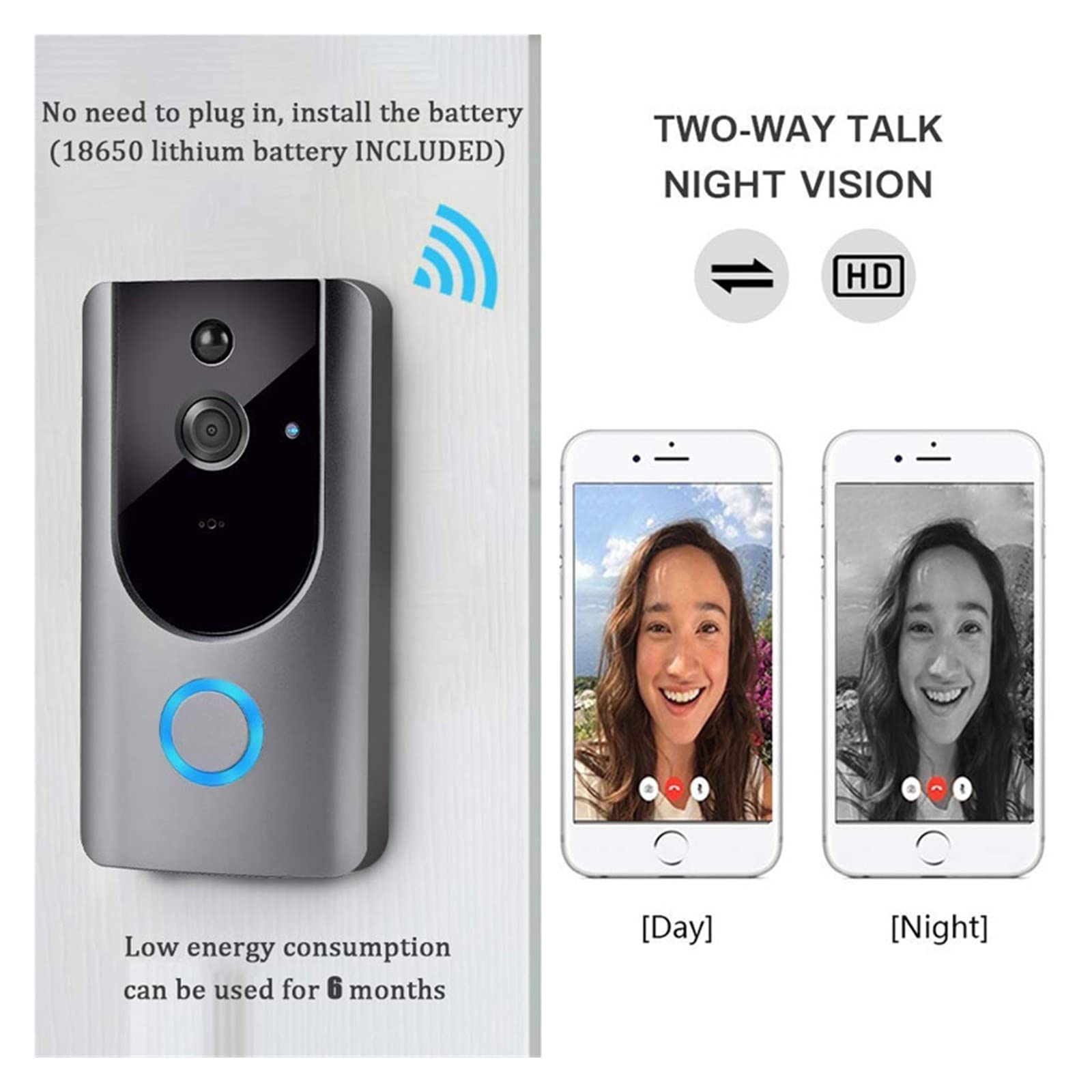 Telecamera campanello senza fili, campanello video wireless per casa intelligente, anello HD 720P, fotocamera 1.0 MP, visione notturna, audio bidirezionale, app telefono, allarme PIR a distanza