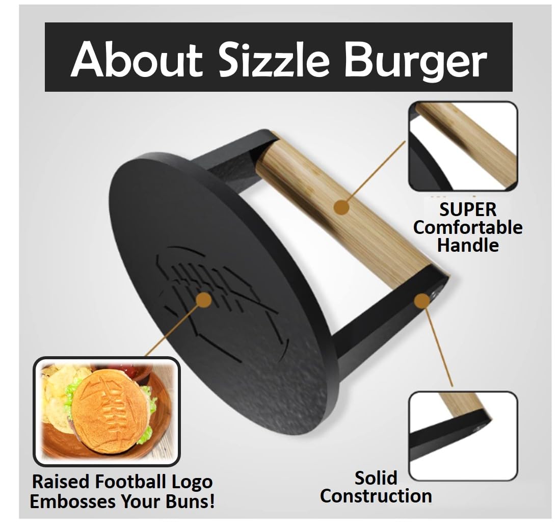 SIZZLE Fußball-Thema, 12,7 cm, Holzgriff, Pattypresse aus hochwertigem Gusseisen, solide Konstruktion, sicherer Griff, bequemer Halt, cool geprägtes Fußball-Logo-Design, 14 cm Burgerpresse