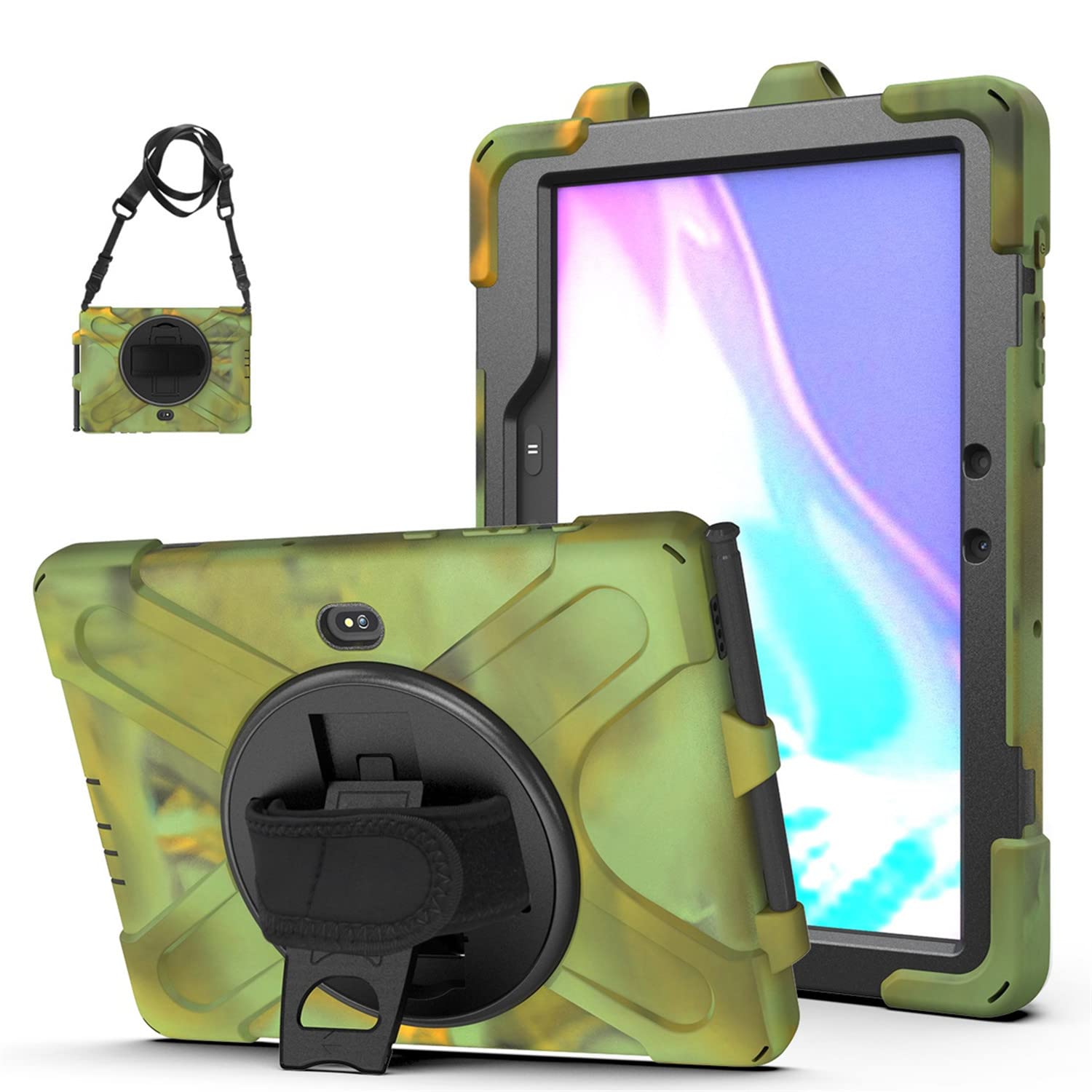 KYJX Case for Samsung Galaxy Tab Active Pro 10.1 Inch SM-T540/SM-T547, 360 Rotating Heavy Duty Rugged Case with Hand Strap Shoulder, Camouflage