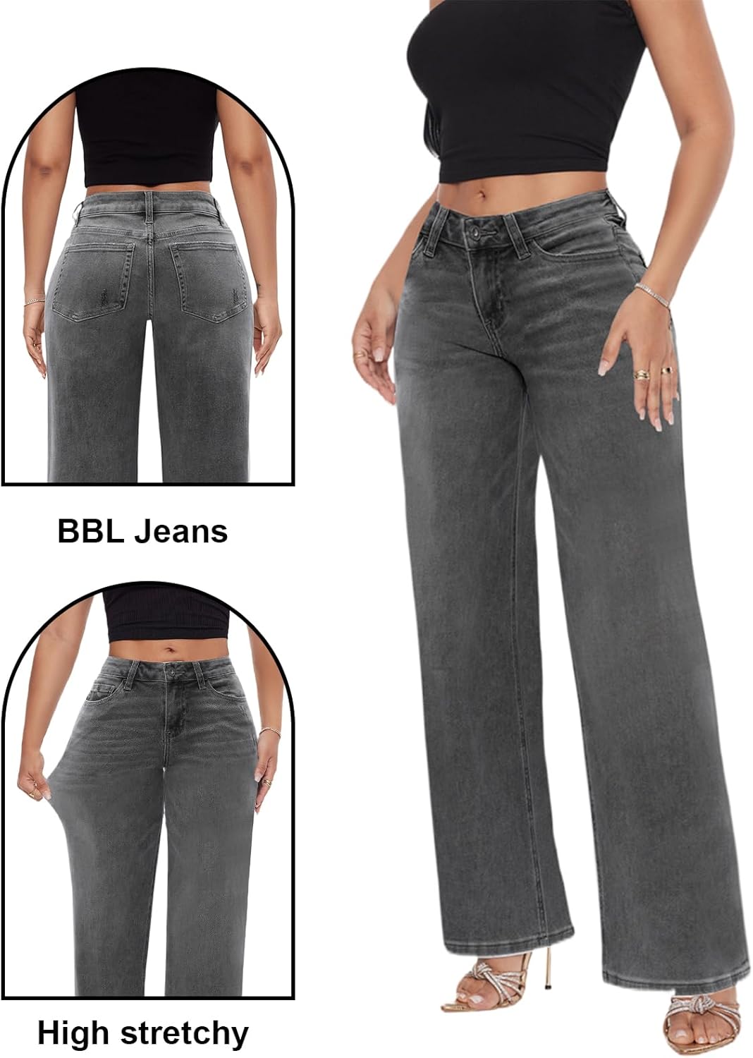 ONESO Mid-Low Rise Baggy Jeans Wide Leg for Women Distressed Pants Stretchy Bottom Lady Basic Comfortable Denim