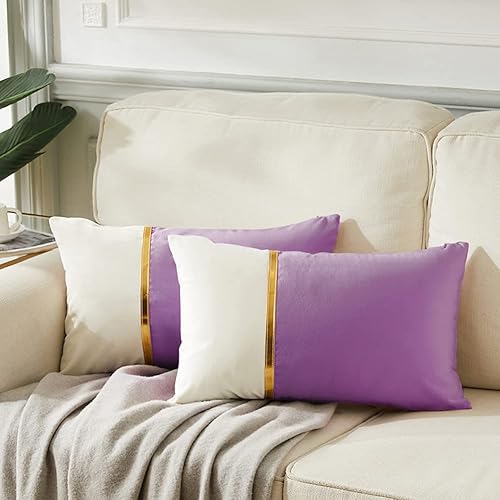 Fancy Homi 2 paquetes de fundas de almohada decorativas de 12 x 20 pulgadas para sofá cama de sala, retazos de terciopelo morado y blanco con cuero disponible en Yaxa Peru
