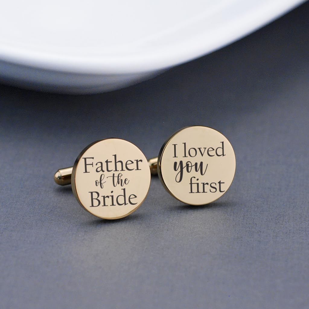 Love, Georgie Father of the Bride, I Love You First Cufflinks, Wedding Day Gift for Dad from Daughter, Round Steel or Gold Cufflinks