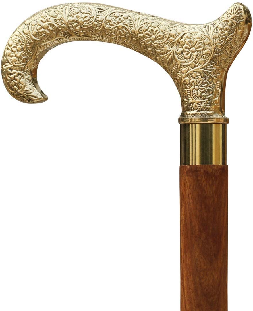 Bastone da passeggio in legno con manico dorato in stile vintage antico per uomo e donna, stile nautico, regalo e display da gentiluomo.