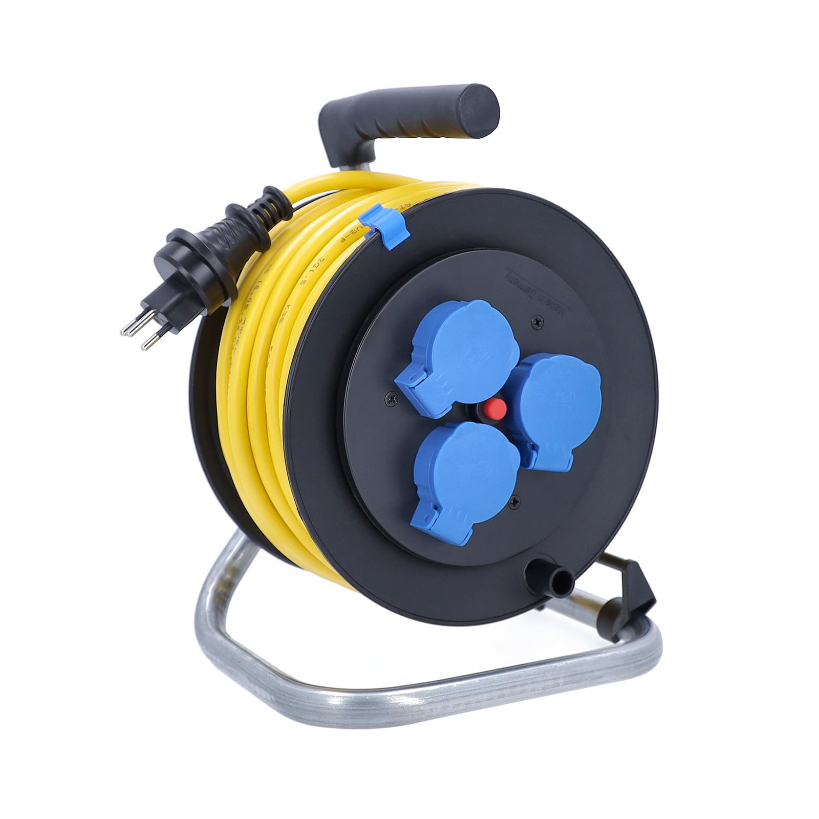 as - Schwabe Carrete de cable de 50 m K35 AT-N07V3V3-F 3G1,5 amarillo, IP44 para exteriores, con conector SEV T13 IP55 y 3 enchufes tipo 13, interruptor de protección térmica, fabricado en Alemania