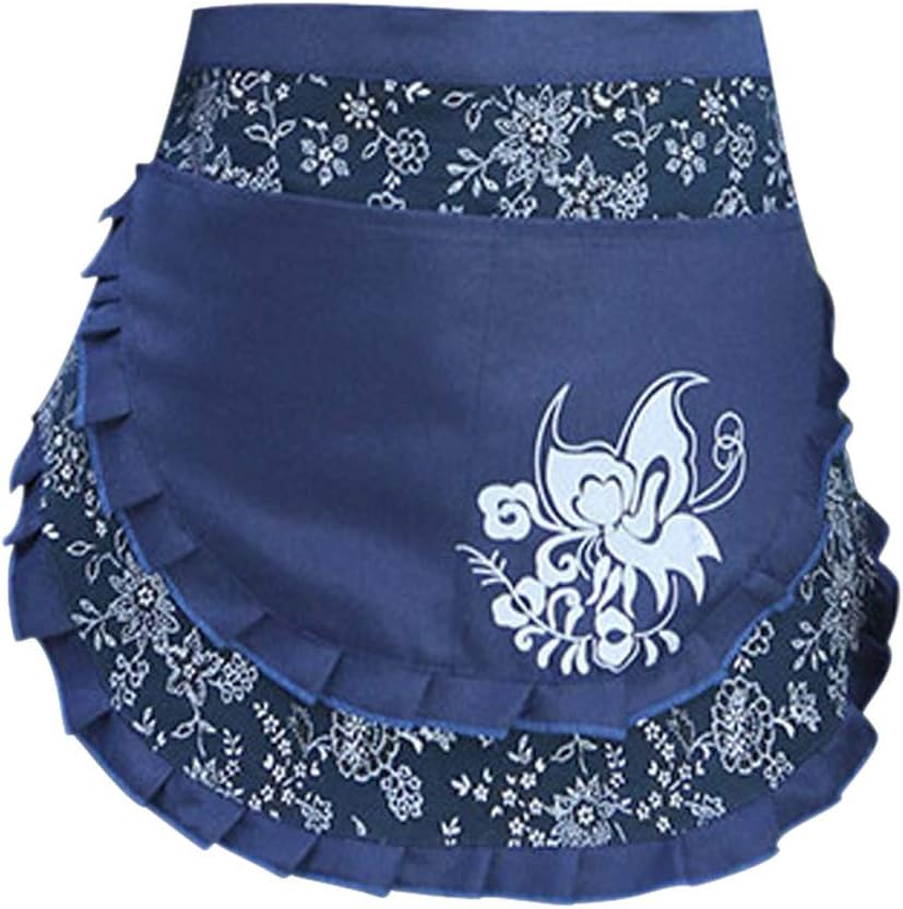 Love Potato Women's Vintage Floral Print Cotton Half Apron with 2 Pockets, Blue