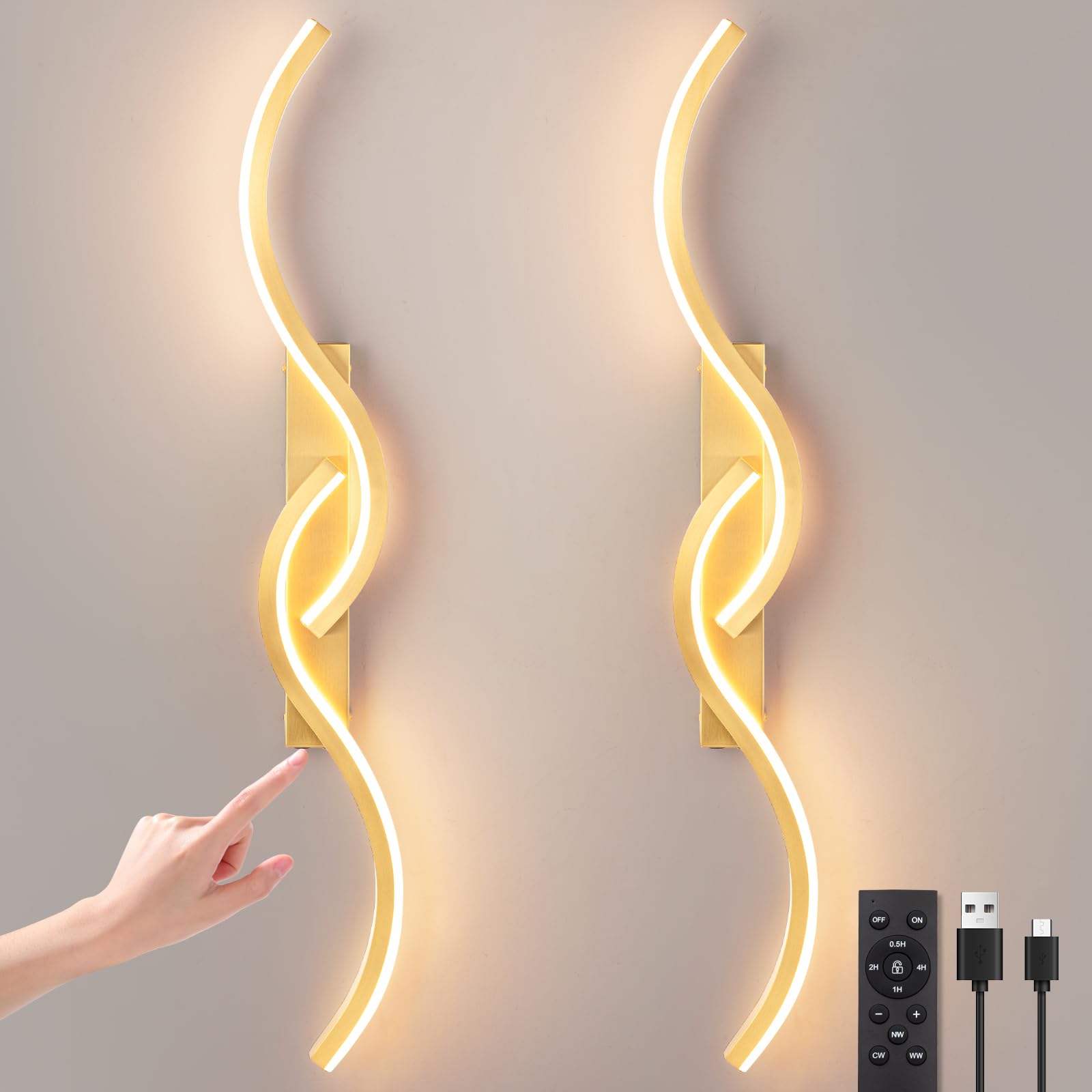 EIDEARAY Battery Operated Wall Sconces, Rechargeable Wall Sconces, 3000K-6500K LED Wireless Wall Light, Modern Wall Lamp not Hardwired for Living Room Bedroom Hallway (Gold)
