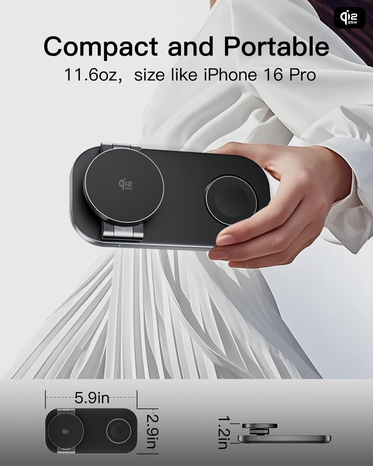 3‑in‑1 Wireless‑Ladestation mit Qi2 25 W, magnetisch und faltbar, kompatibel mit Mag‑Safe für iPhone Serie/Apple Watch & Air‑Pods