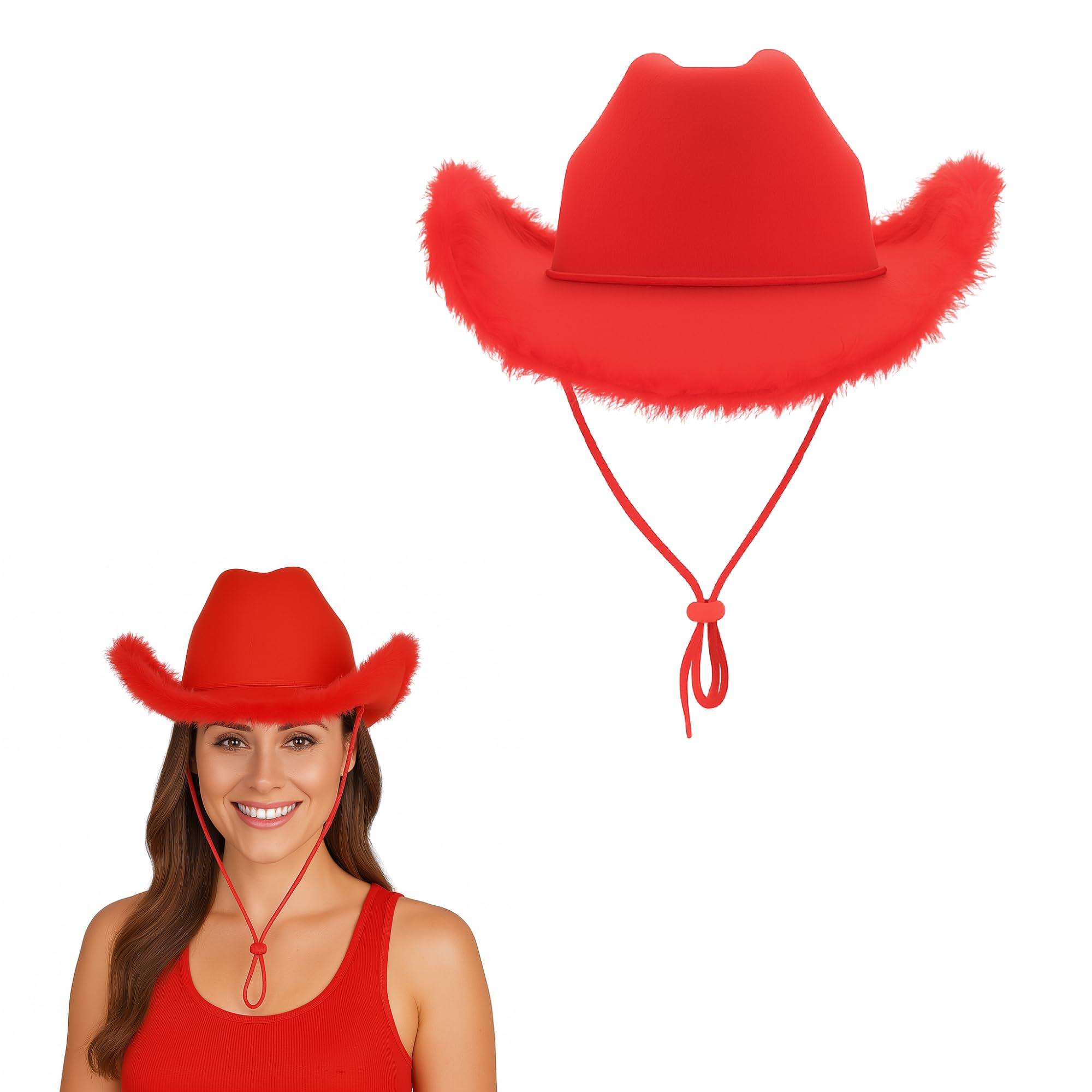 Lizzy 1 x Fluffy Texan Cowboy Hat Unisex Adult Wide Brim Felt Fluffy Feather Trim Cowgirl Women Hat Fancy Dress Hats for Bachelorette Halloween Birthday Hen Stag Party (Red)