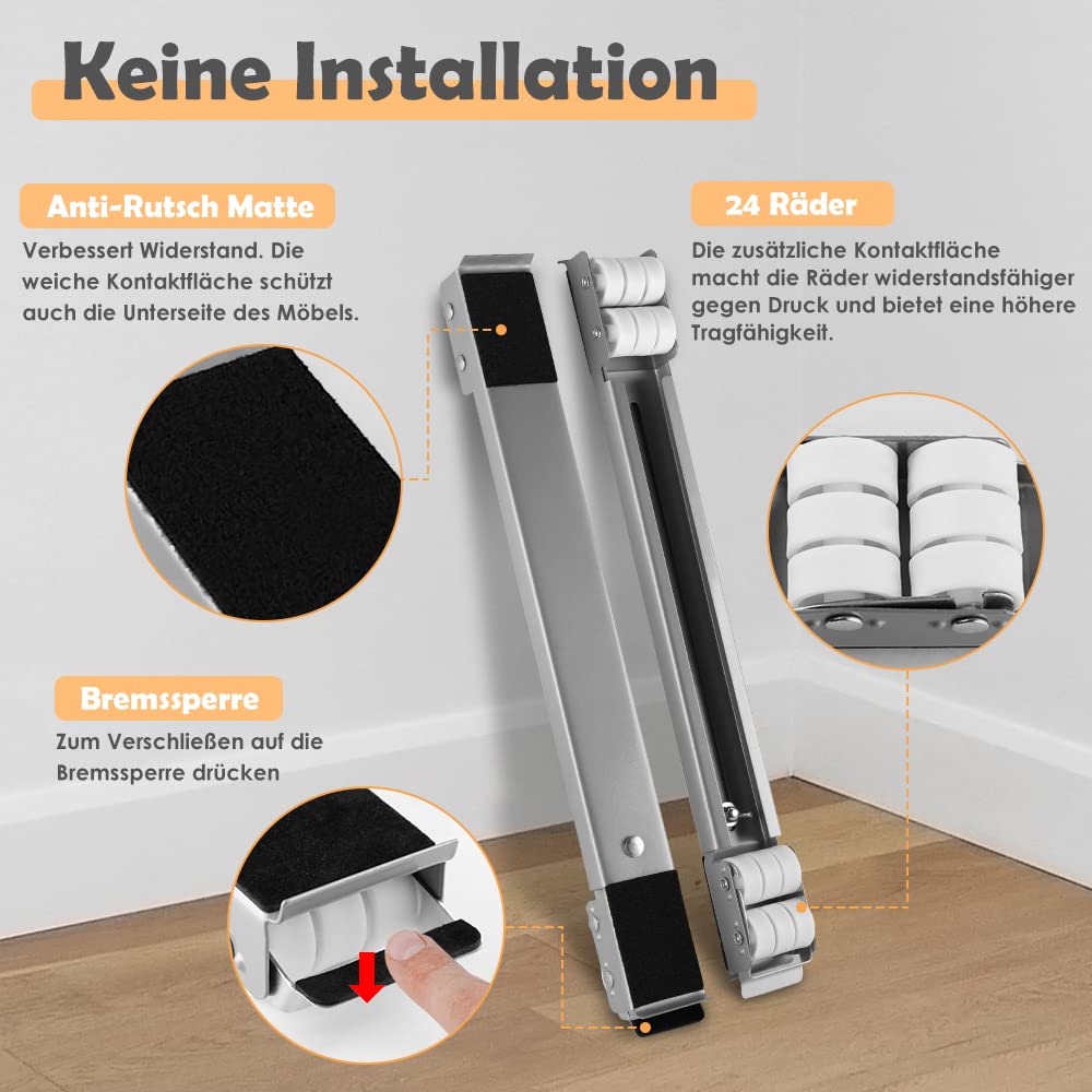 SMONTER 2er Set Waschmaschinen Untergestell mit Möbelheber und Rädern (Tragkraft 300kg), Möbelroller mit Bremsen, Transportrollen für Waschmaschine, Kühlschrank, Trockener, Geschirrspüler usw, Silbrig