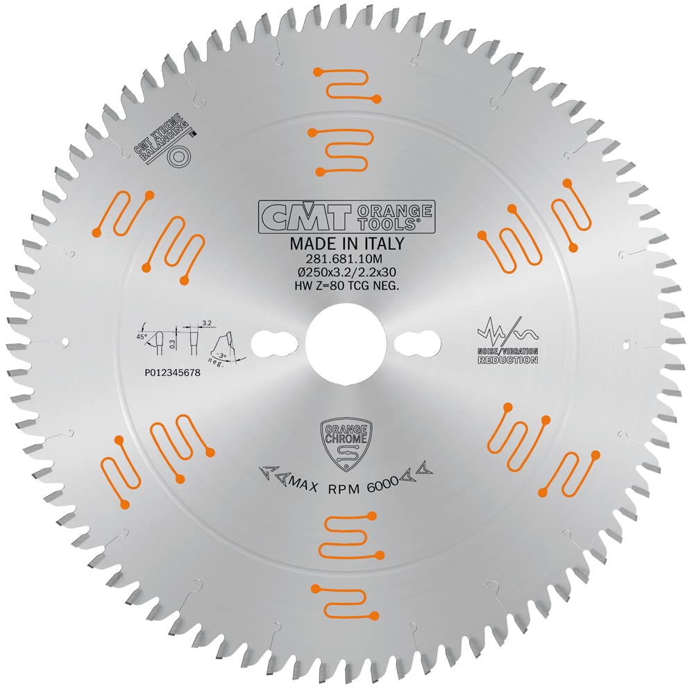 CMT Orange Tools 281.681.10M - Kreissägeblatt für Laminat und Spanholz Chrome HW 250x3.2/2.2x30 Z80 TCG 3neg